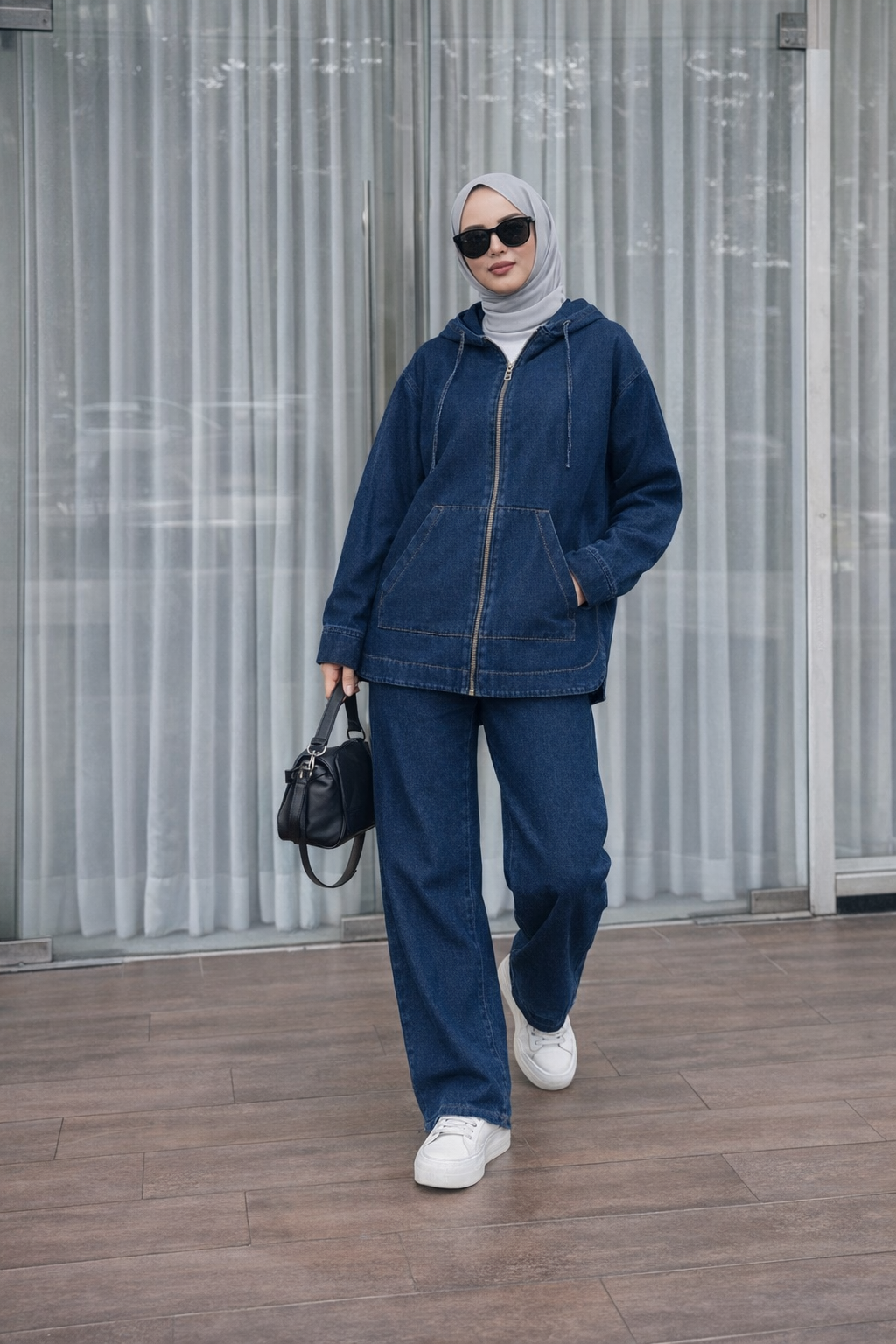 Zweiteiliges Denim Set mit Reißverschluss