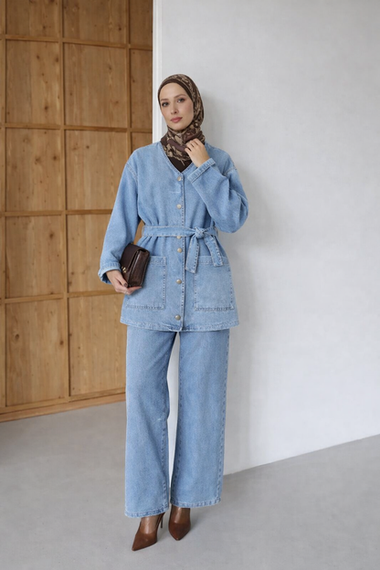 Modernes Denim Zweiteiler-Set mit V-Ausschnitt