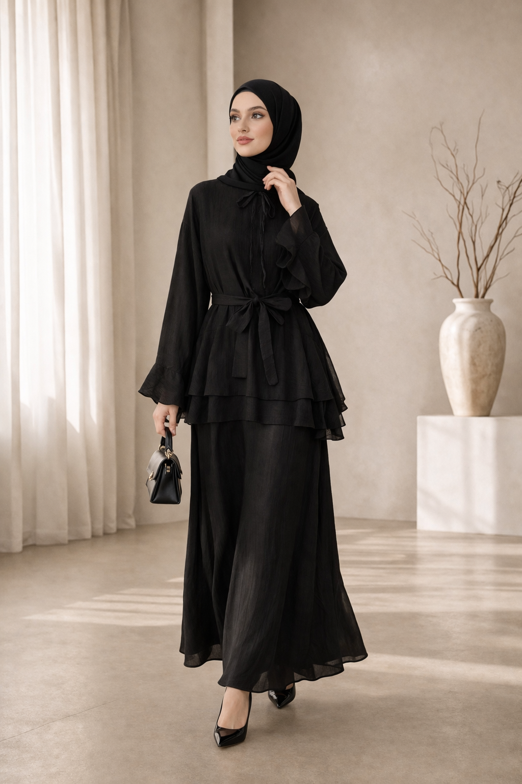 Elegantes 2-Teiler Set Fließender Rock & Volant Bluse